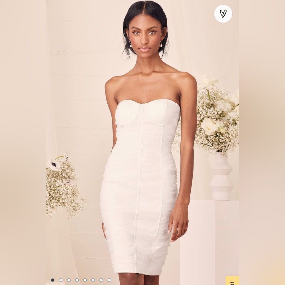 Lulu’s White Polka Dot Ruched Bustier Dress - Small